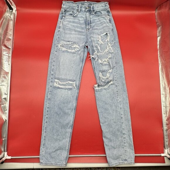 American Eagle Highest Rise Baggy Straight Size 00 Destroyed Light Wash Jeans - Picture 1 of 12